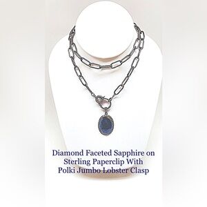 Diamond Sapphire Pendant on 36” Oxidized Sterling Paperclip Chain Diamond Clasp